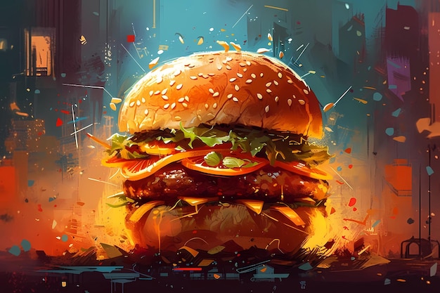 Hamburguesa jugosa con todas las fijaciones ilustración de arte digital