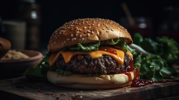 Una hamburguesa con ketchup y ketchup encima