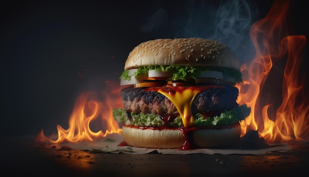 Una hamburguesa con ketchup y ketchup está frente a un fuego ardiente.