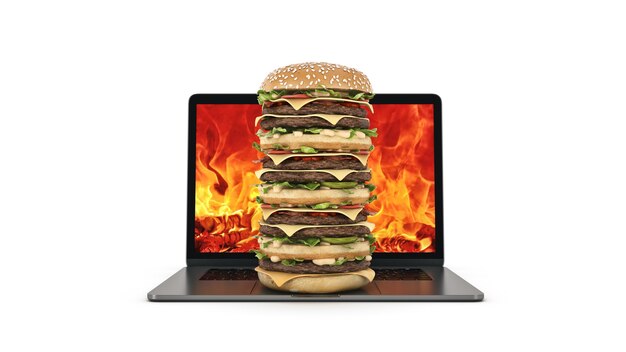 hamburguesa con laptop render 3d