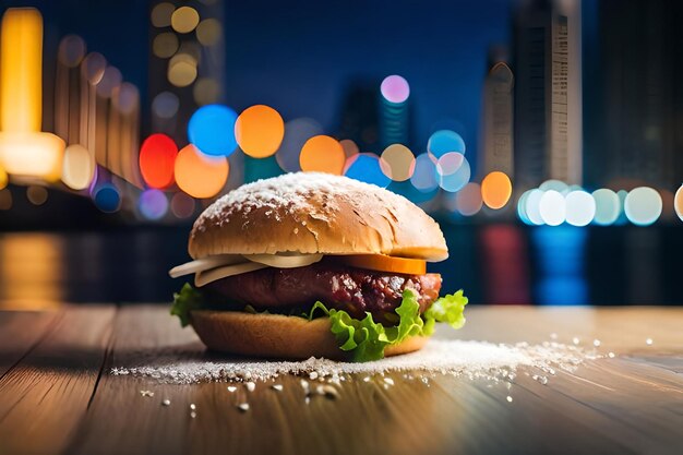 una hamburguesa con lechuga y queso en una mesa.