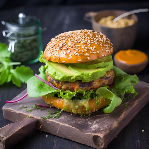 Hamburguesa con lechuga en una tabla de madera comida callejera