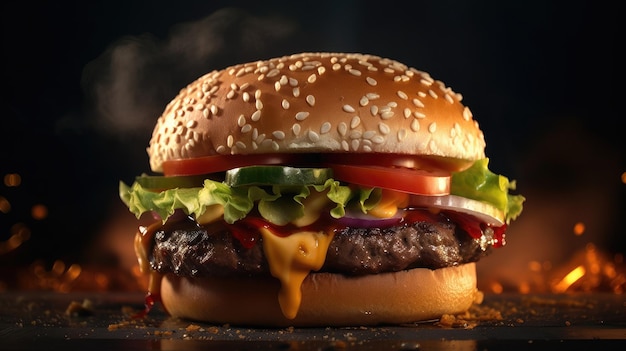 Una hamburguesa con lechuga, tomate y cebolla encima.