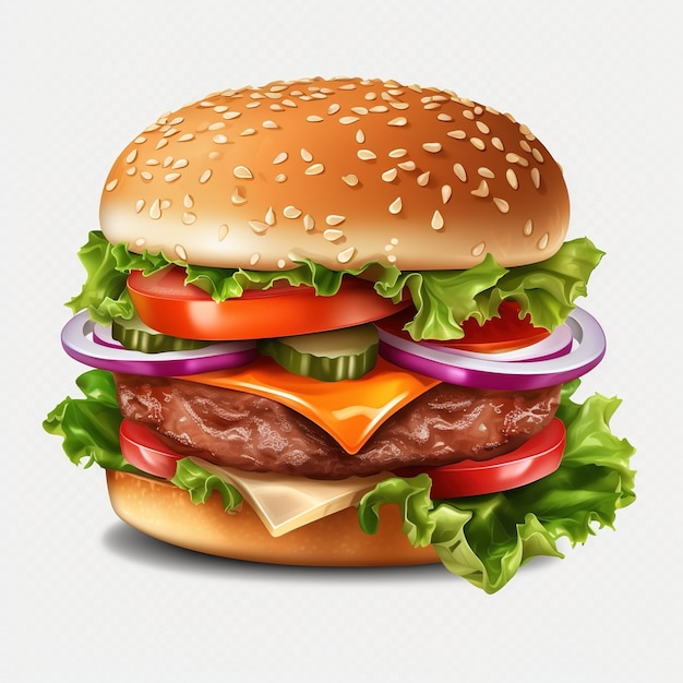 Una hamburguesa con lechuga, tomate, cebolla y pepinillos