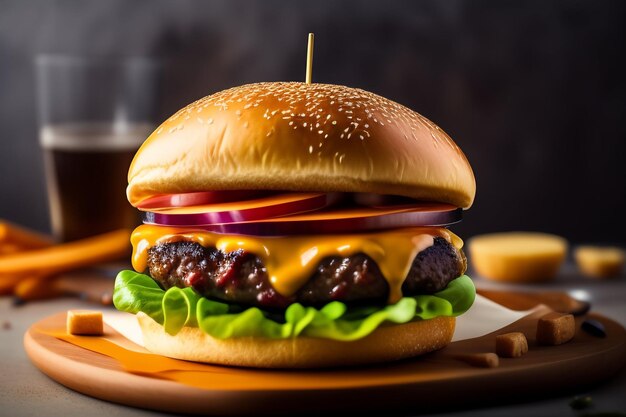 Una hamburguesa con lechuga, tomate y cebolla en un plato