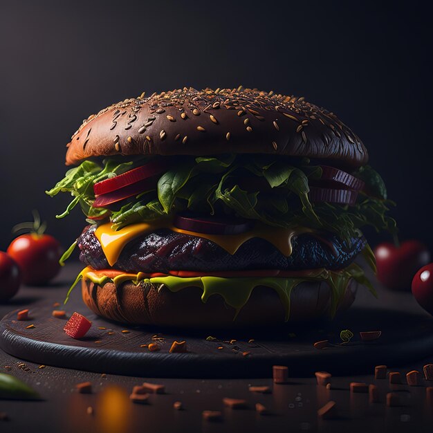 Una hamburguesa con lechuga y tomate encima