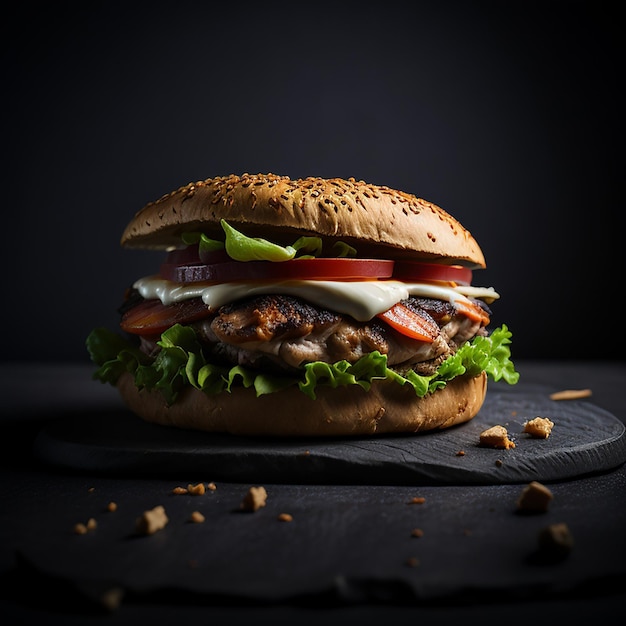 Una hamburguesa con lechuga, tomate y mayonesa en un panecillo.