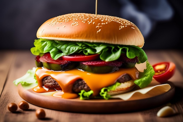 Una hamburguesa con lechuga, tomate, pepinillos y cebolla en una mesa de madera.