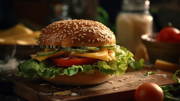 Una hamburguesa con lechuga, tomate y pepino sobre una tabla de madera.