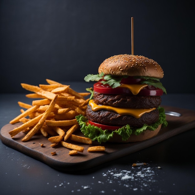 Una hamburguesa con lechuga, tomate y queso descansa sobre una bandeja de madera.