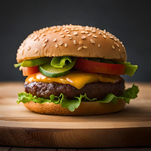 Una hamburguesa con lechuga, tomate y queso encima.