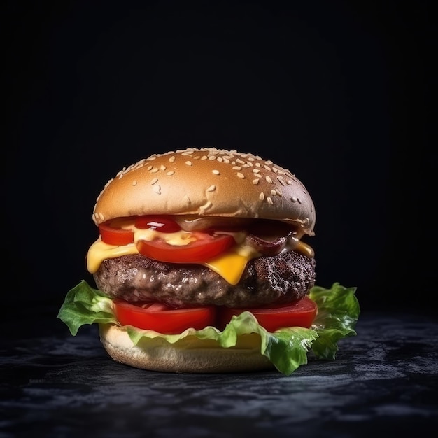 Una hamburguesa con lechuga, tomate y queso encima