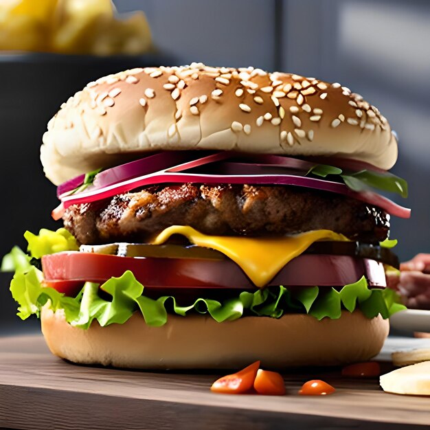 Una hamburguesa con lechuga, tomate y queso encima.