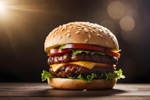 Una hamburguesa con lechuga, tomate y queso encima.