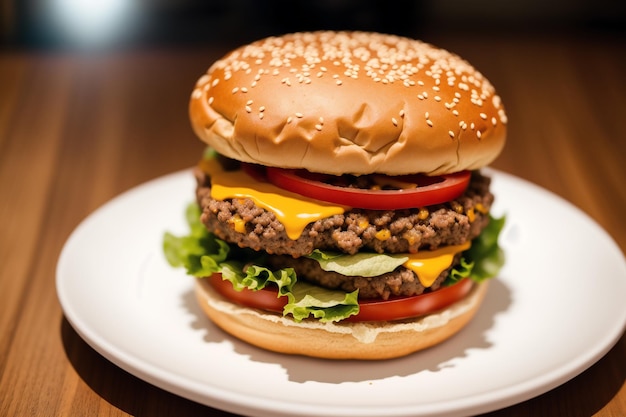 Una hamburguesa con lechuga, tomate y queso encima