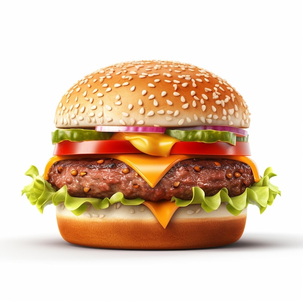 Una hamburguesa con lechuga, tomate y queso encima.