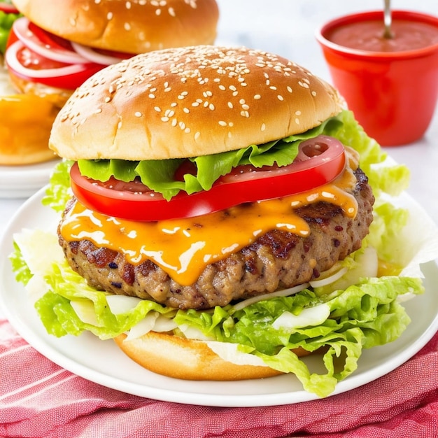 Una hamburguesa con lechuga, tomate y queso encima