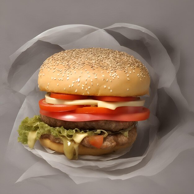 Una hamburguesa con lechuga, tomate y queso está en un papel.