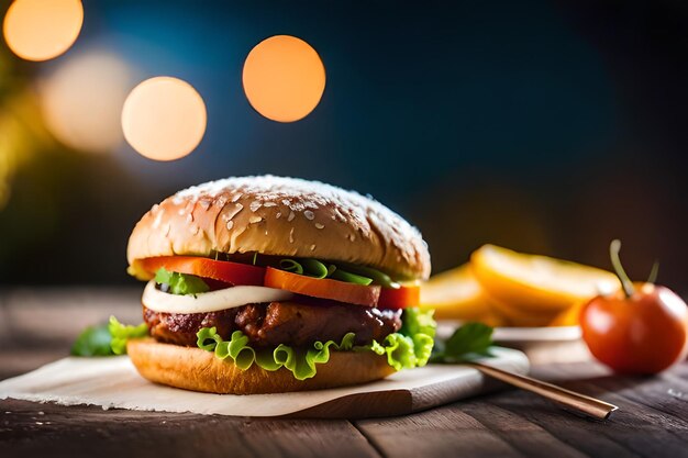 una hamburguesa con lechuga y tomate sobre una mesa de madera.