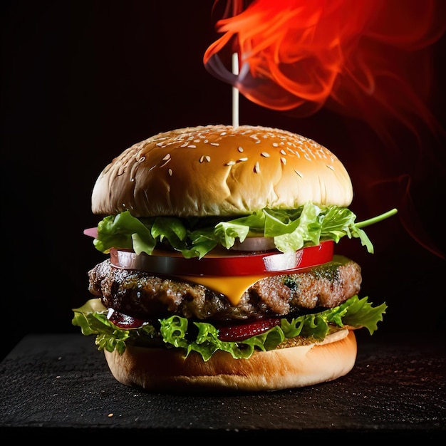 Una hamburguesa con una llama en ella