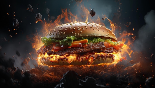 Hamburguesa con llamas de fuego sobre fondo oscuro