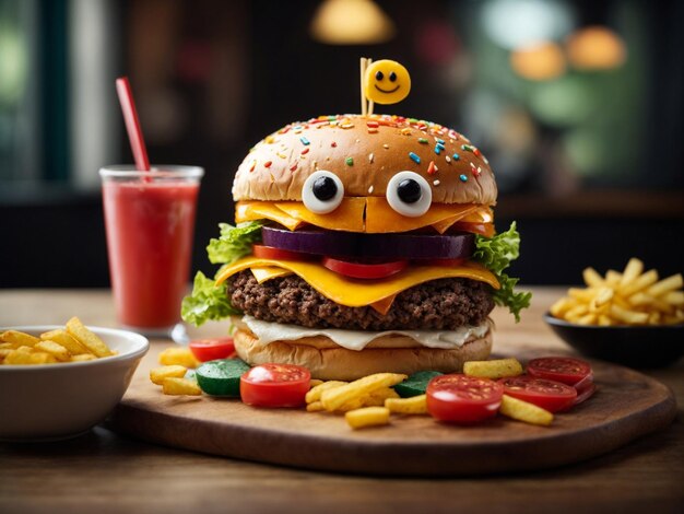 Una hamburguesa lúdica en forma de personaje de dibujos animados