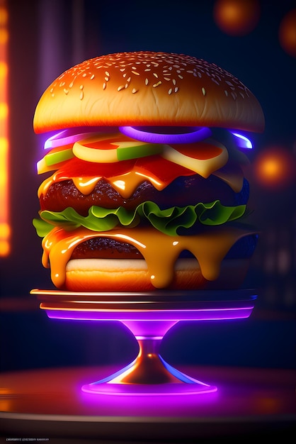 Una hamburguesa con una luz morada