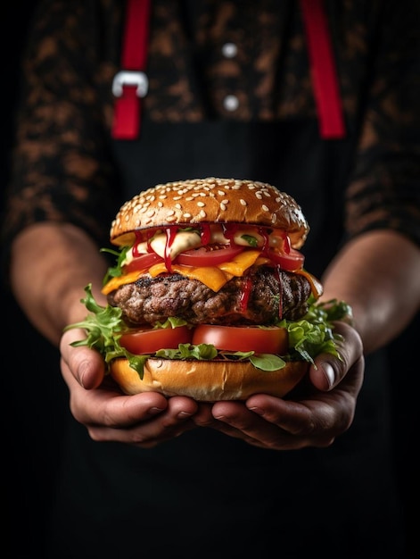 Foto hamburguesa en las manos del chef concepto de comida rápida en un fondo oscuro