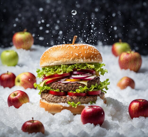 Hamburguesa con manzana y gotas de agua en un fondo oscuro