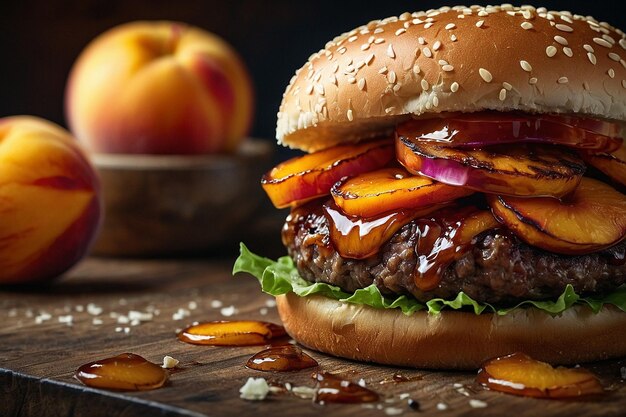 Hamburguesa con melocotones caramelizados