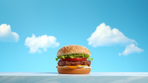 Foto hamburguesa en la mesa fondo azul cielo