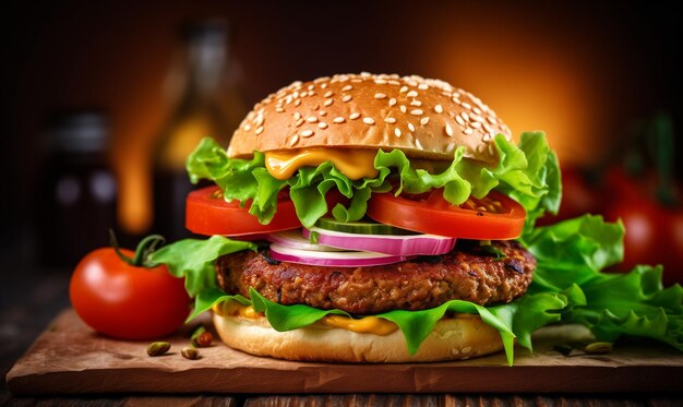 Hamburguesa en mesa de madera con fondo de barra oscura