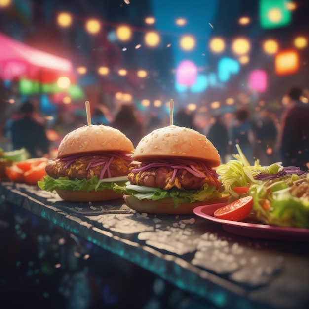 Foto hamburguesa en una mesa de madera con un fondo borroso hamburguesa de madera con una espalda borrosa