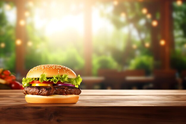 Foto hamburguesa en mesa de madera con fondo de restaurante borroso