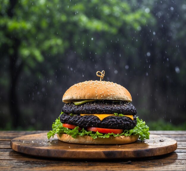 Foto hamburguesa en una mesa de madera con gotas de lluvia en el fondo