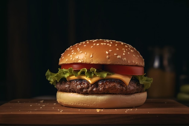 Hamburguesa en una mesa de madera sobre un fondo negro merienda rápida generativa ai