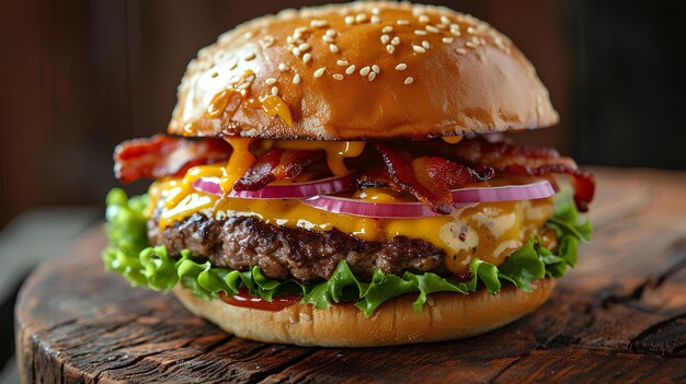 Una hamburguesa en una mesa de madera