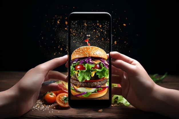 Hamburguesa en la mesa manos con teléfono gráfico comida compartir impresiones sobre el nuevo café