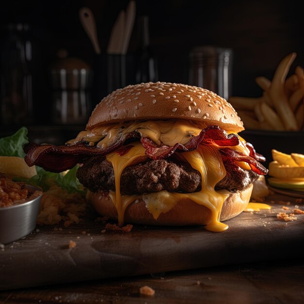 Una hamburguesa con mucho queso y papas fritas en la mesa.