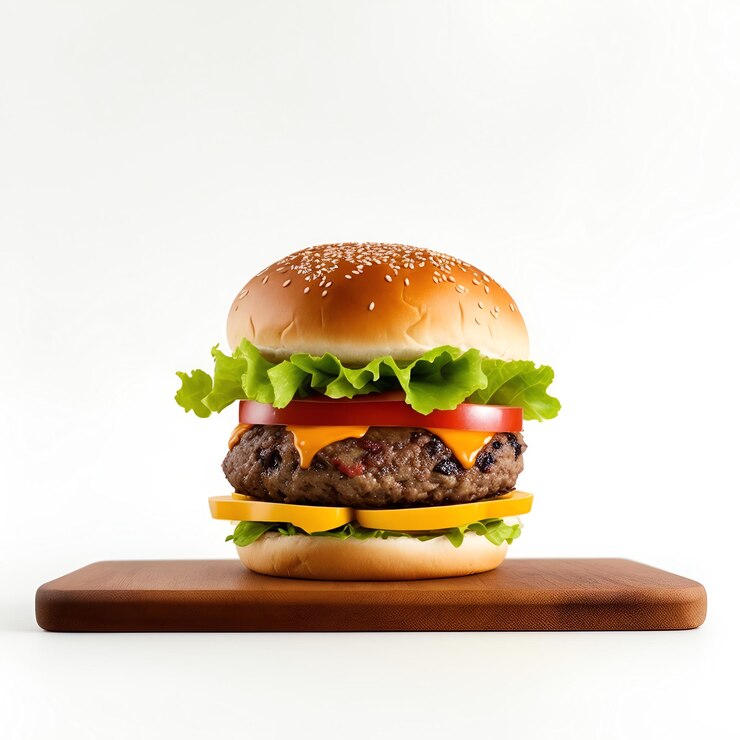 Una hamburguesa muy sabrosa que consiste en verduras, carne, tomates y salsa.