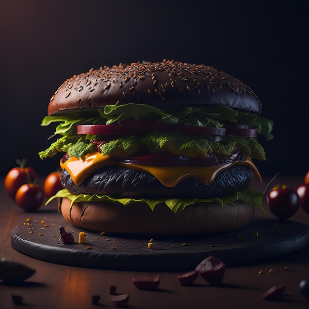 Una hamburguesa negra con un bollo quemado y tomate.