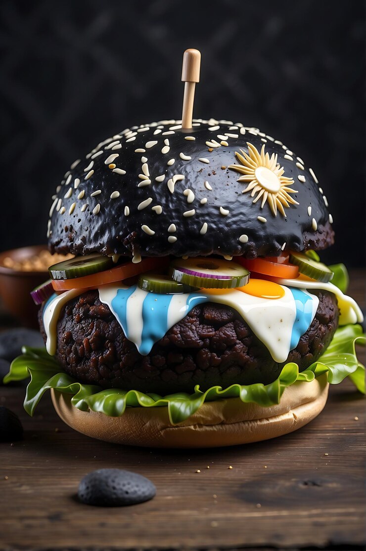 Hamburguesa negra y comida de la fiesta nocturna en un restaurante