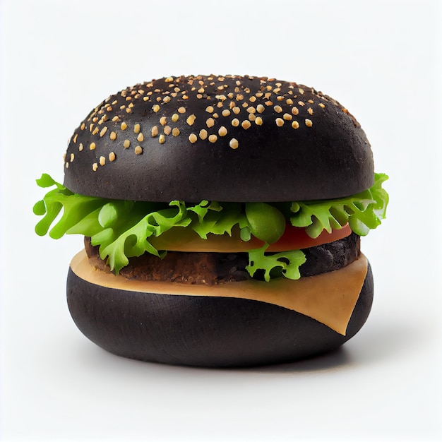 Una hamburguesa negra con una hoja verde