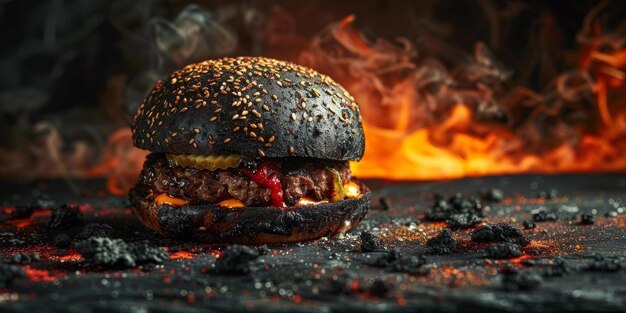 Hamburguesa negra en llamas