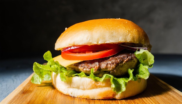 Hamburguesa o hamburguesa sabrosa con queso de carne y verduras en tabla de madera Comida rápida