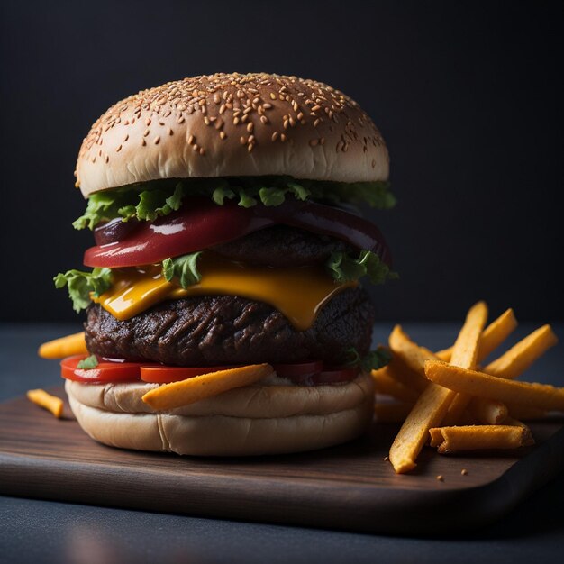 Una hamburguesa con pan y lechuga, tomate y lechuga.