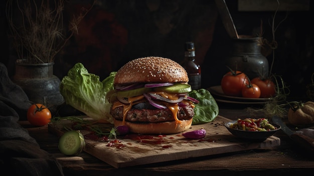 Una hamburguesa con pan y lechuga