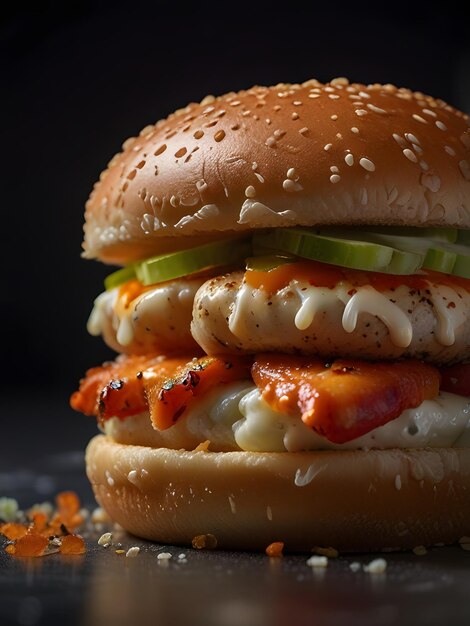 una hamburguesa con un pan y un pan con un montón de verduras en él