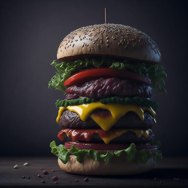 Una hamburguesa con pan y tomate encima.