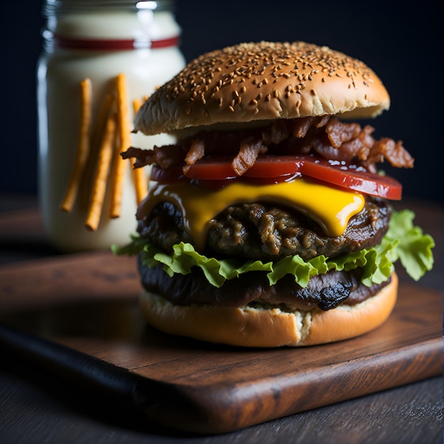 Una hamburguesa con un panecillo y una botella de leche detrás.